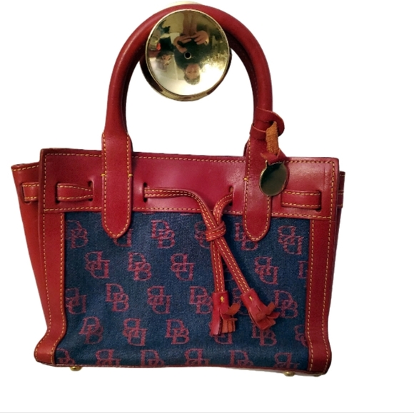 Dooney & Bourke Handbags - Dooney & Bourke Vintage Red Leather Signature Denim Small mini bag Tote RARE